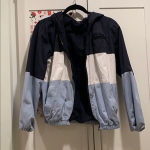 blue color-blocked brandy coat